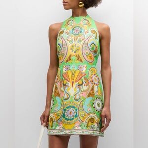 ALEMAIS Pinball Backless Tie-Neck Linen Silk Green Printed Mini Dress NWT Size 4